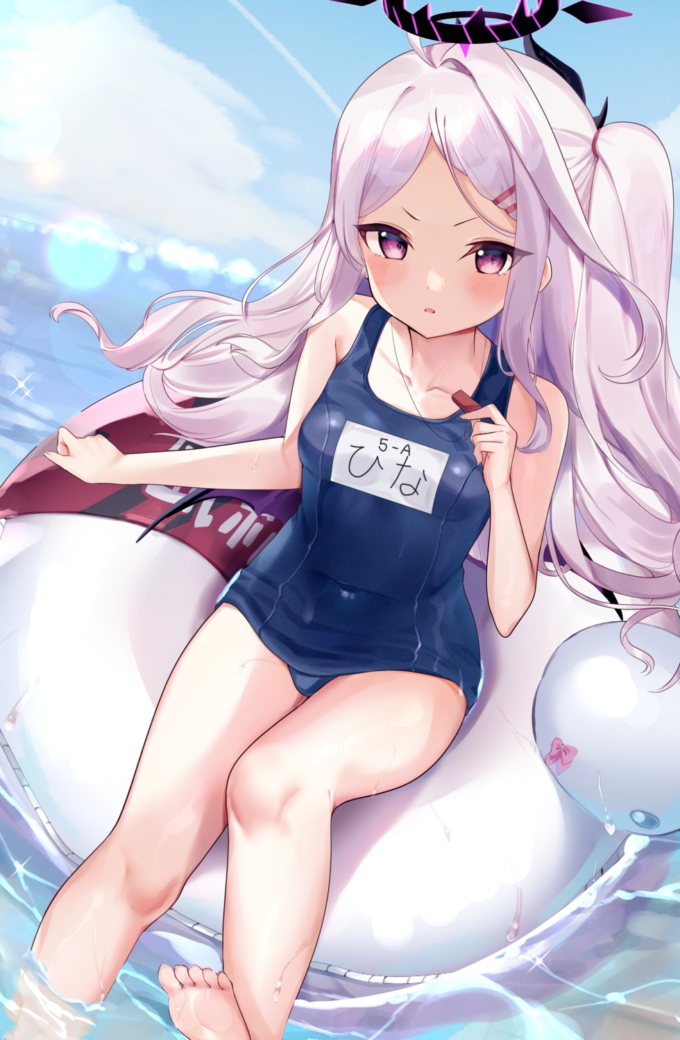 blue_archive devil feet halo horns school_swimsuit sorasaki_hina swimsuits tsukumo_(pixiv32592569) wet wings