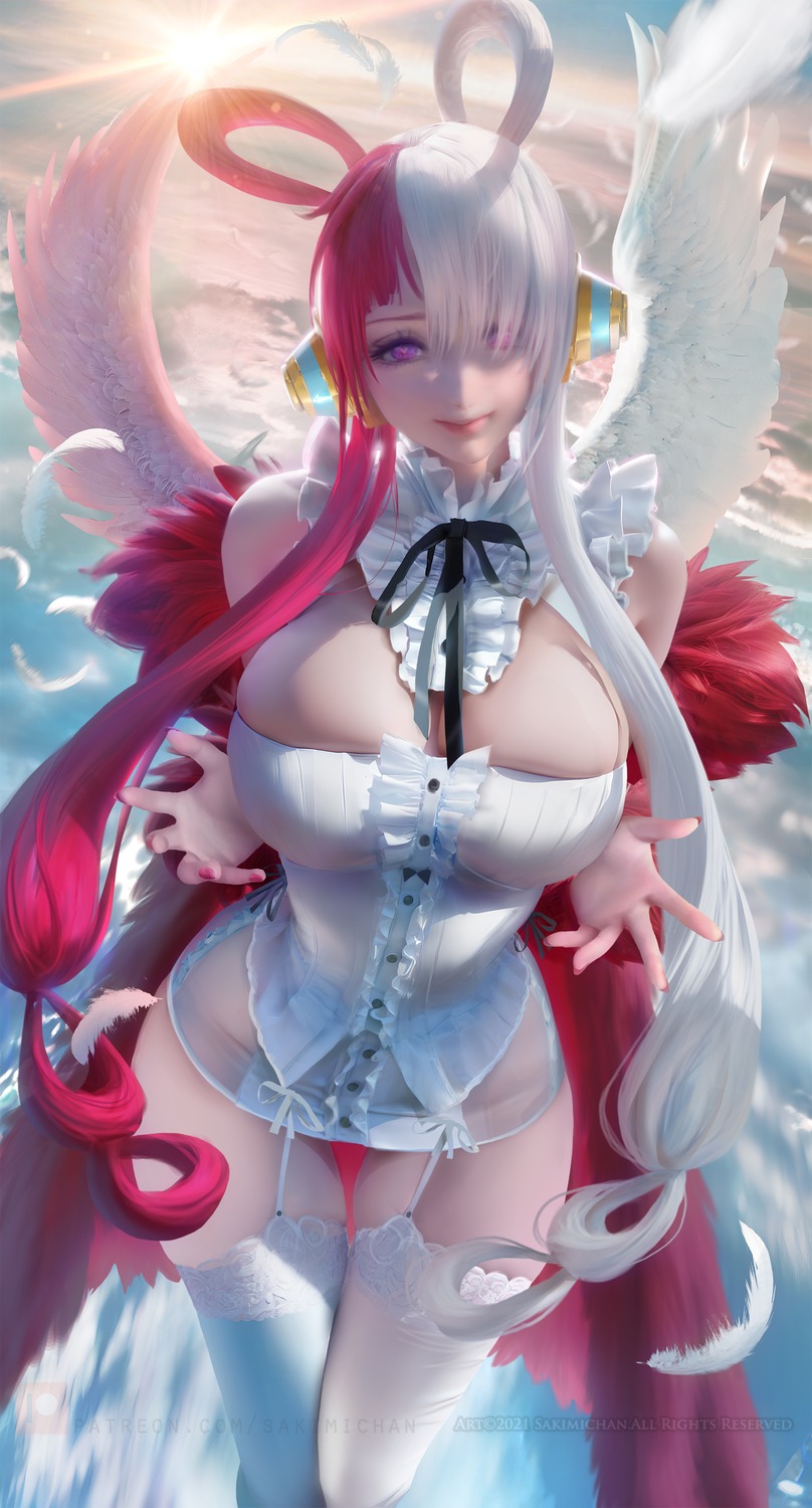 leotard no_bra one_piece one_piece_film:_red sakimichan see_through stockings thighhighs uta_(one_piece) wings