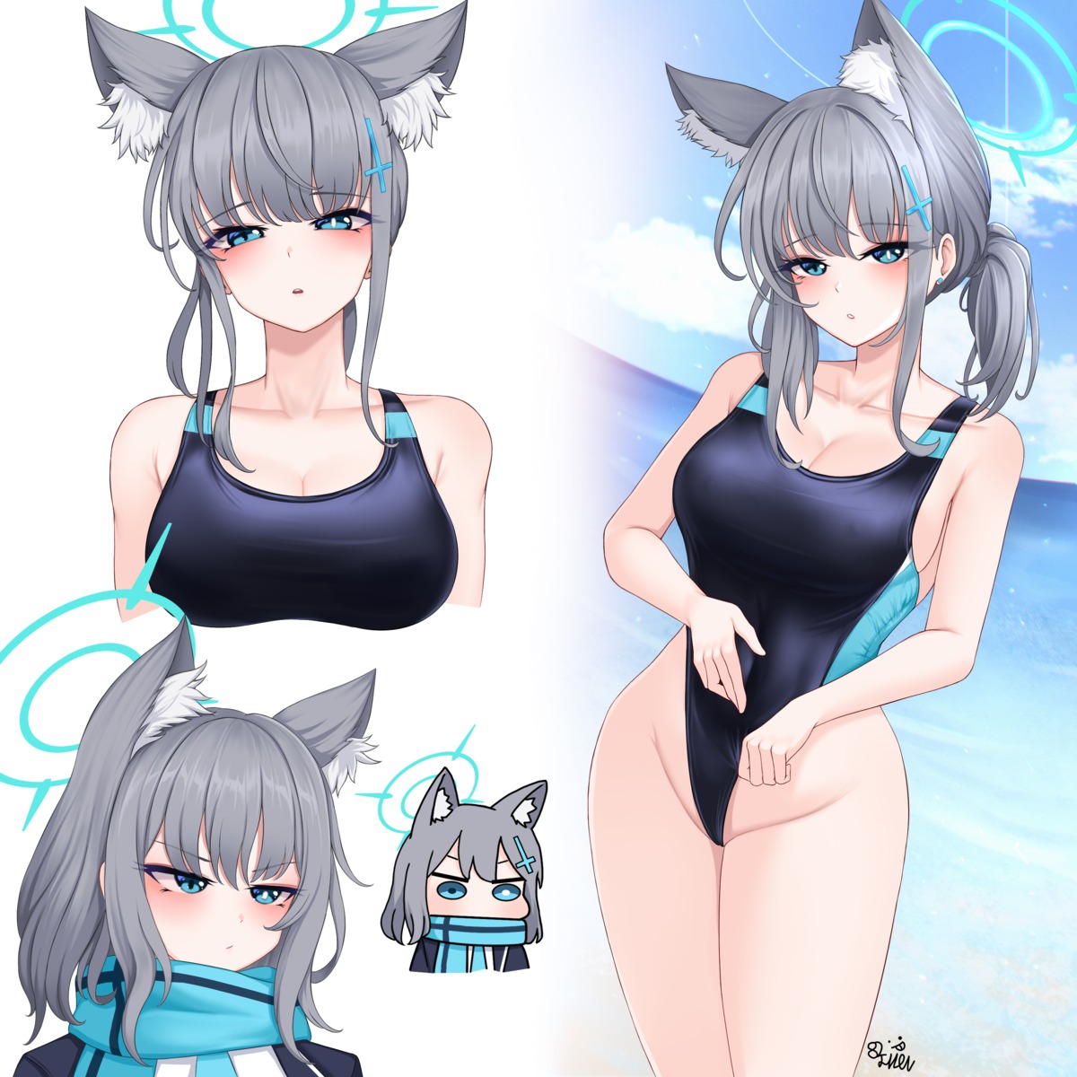 82jhin animal_ears blue_archive chibi cleavage halo nekomimi seifuku sunaookami_shiroko swimsuits