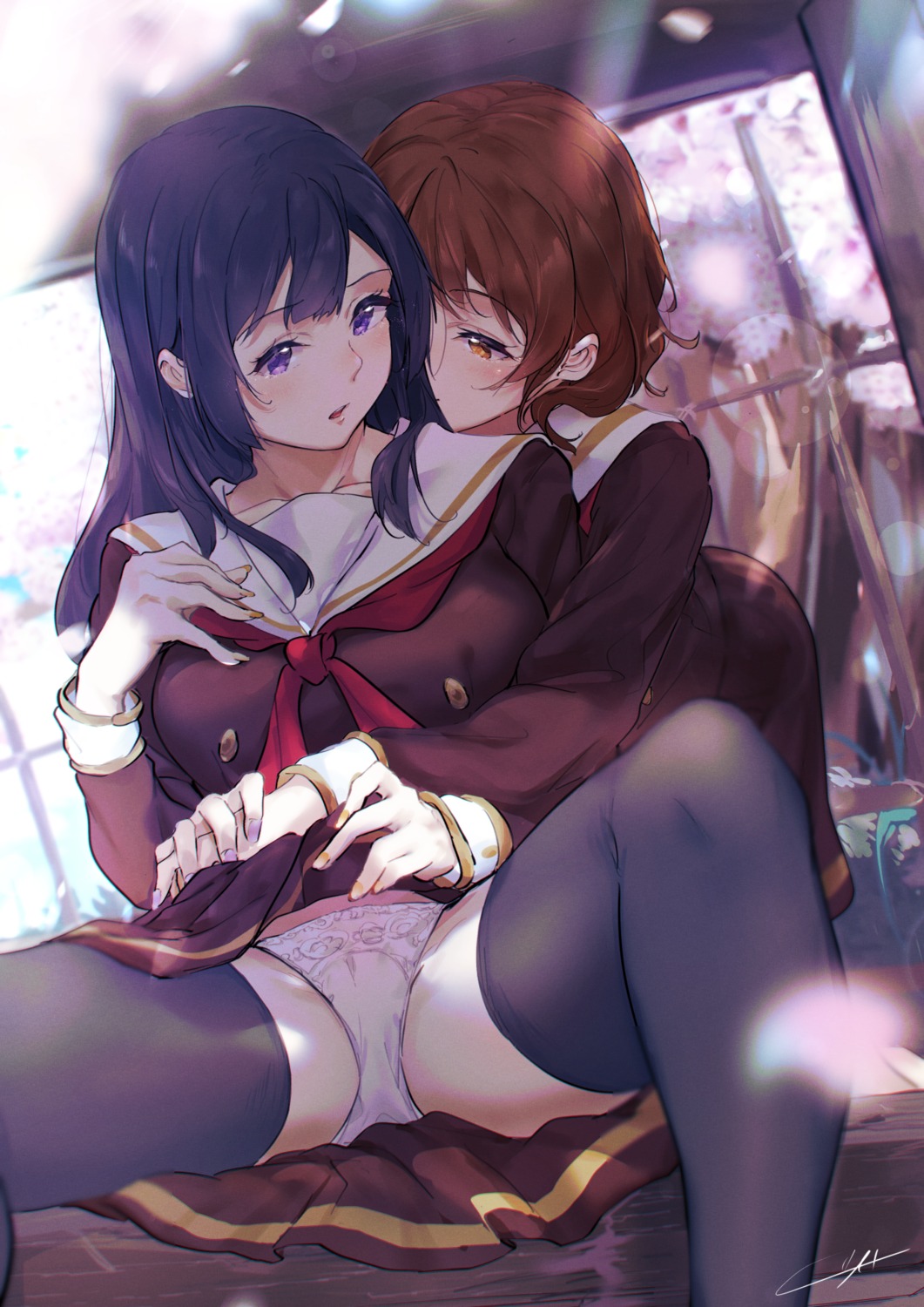 hibike!_euphonium kousaka_reina kuziaaizuk oumae_kumiko pantsu seifuku skirt_lift thighhighs yuri