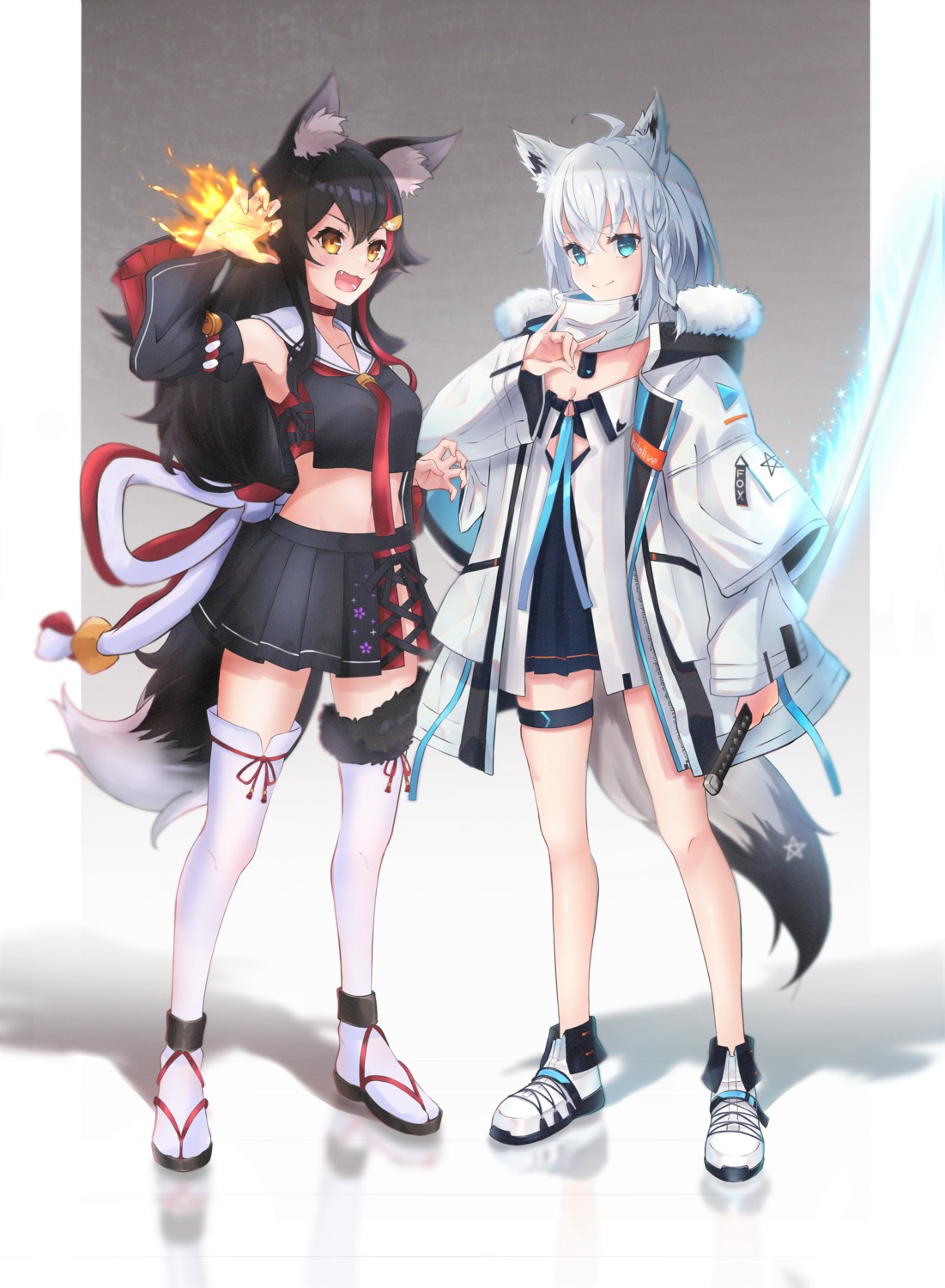 animal_ears cleavage garter hololive hololive_gamers kitsune ookami_mio seifuku shirakami_fubuki sword tail thighhighs tilu