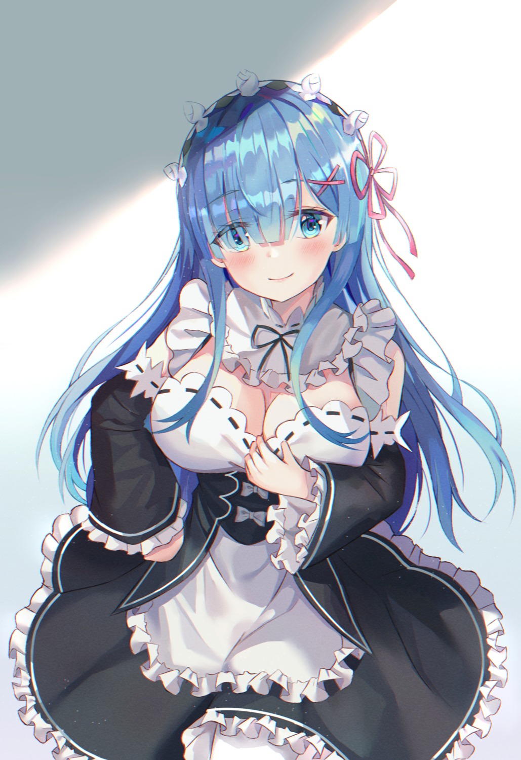 cleavage maid ms_childofart no_bra re_zero_kara_hajimeru_isekai_seikatsu rem_(re_zero) skirt_lift