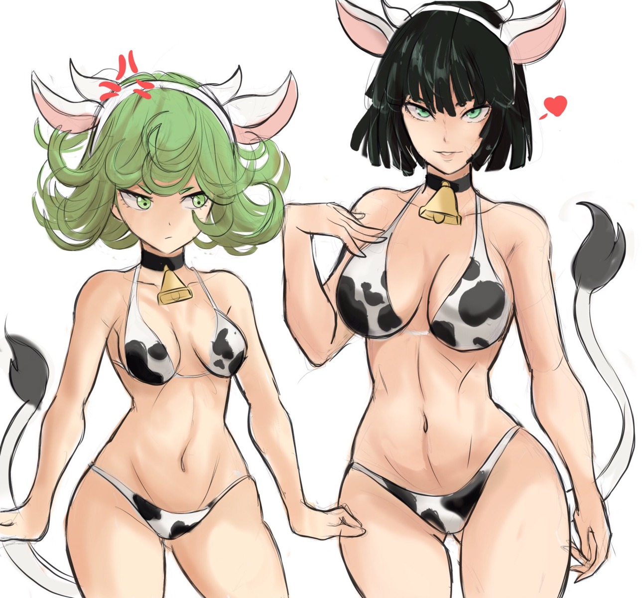 animal_ears bikini cleavage fubuki_(one_punch_man) horns one_punch_man rakeemspoon sketch swimsuits tail tatsumaki_(one_punch_man)