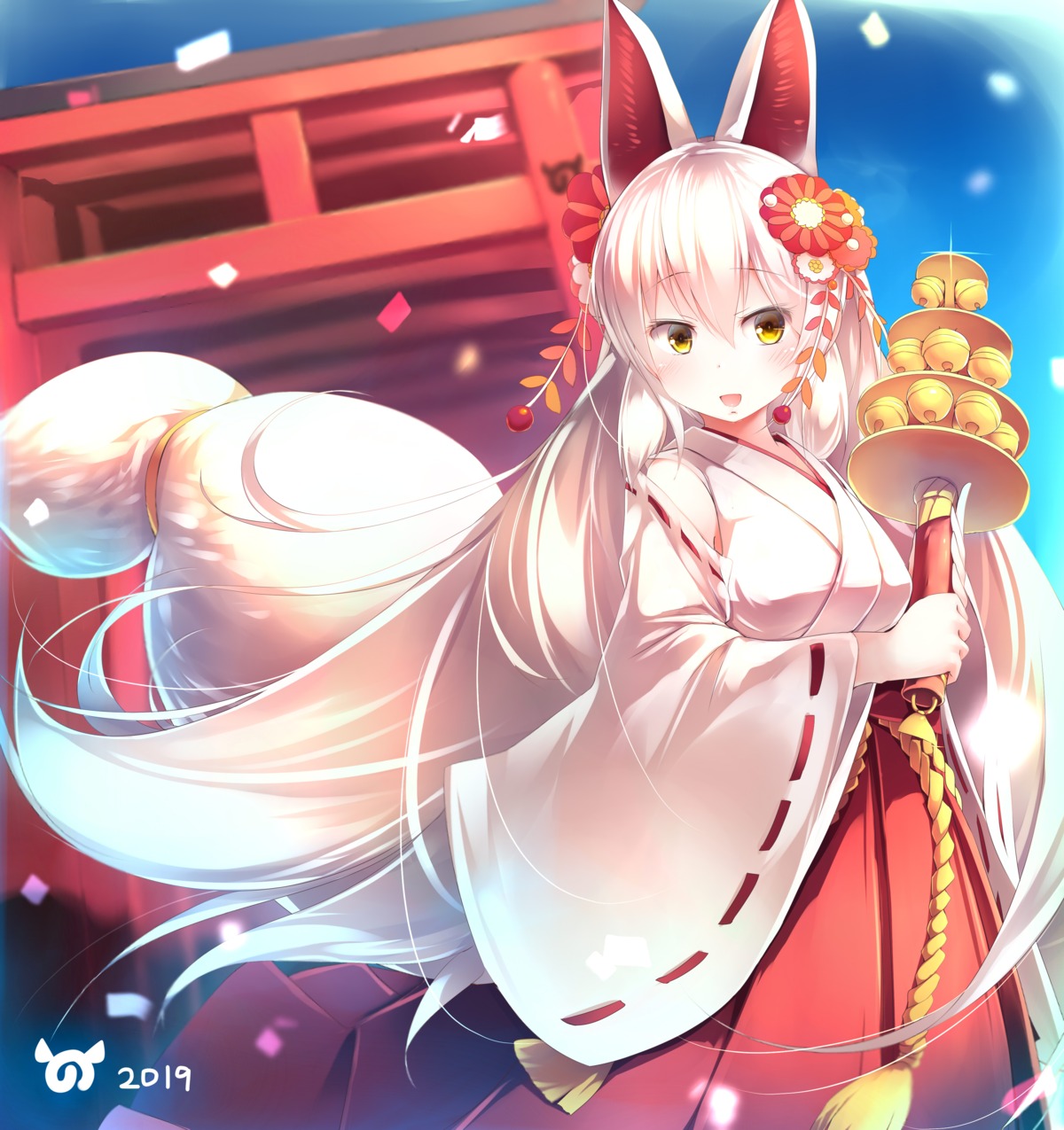 animal_ears kanzakietc kemono_friends kitsune miko oinari-sama_(kemono_friends) tail