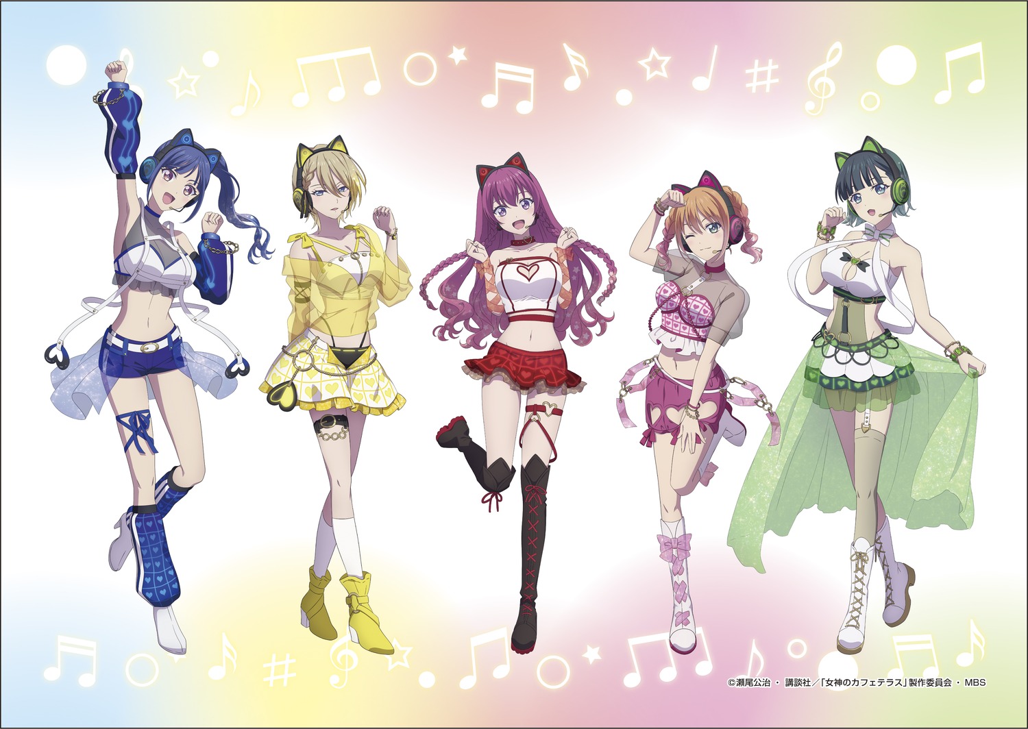 animal_ears cleavage garter headphones heels hououji_akane makuzawa_ouka megami_no_café_terrace nekomimi no_bra ono_shiragiku see_through tsukishima_riho tsuruga_ami uniform