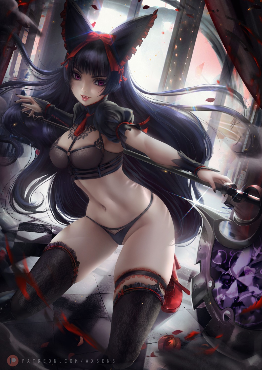 animal_ears axsens bra garter gate:_jieitai_kanochi_nite_kaku_tatakaeri heels lingerie pantsu rory_mercury see_through stockings thighhighs weapon