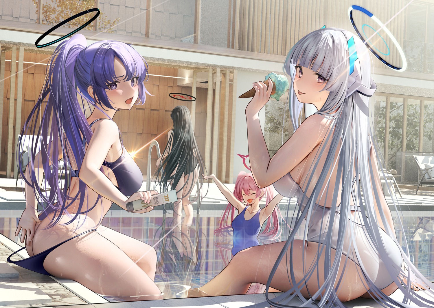 ass bikini blue_archive halo hayase_yuuka kurosaki_koyuki nanaken_nana panty_pull swimsuits tsukatsuki_rio ushio_noa wardrobe_malfunction wet