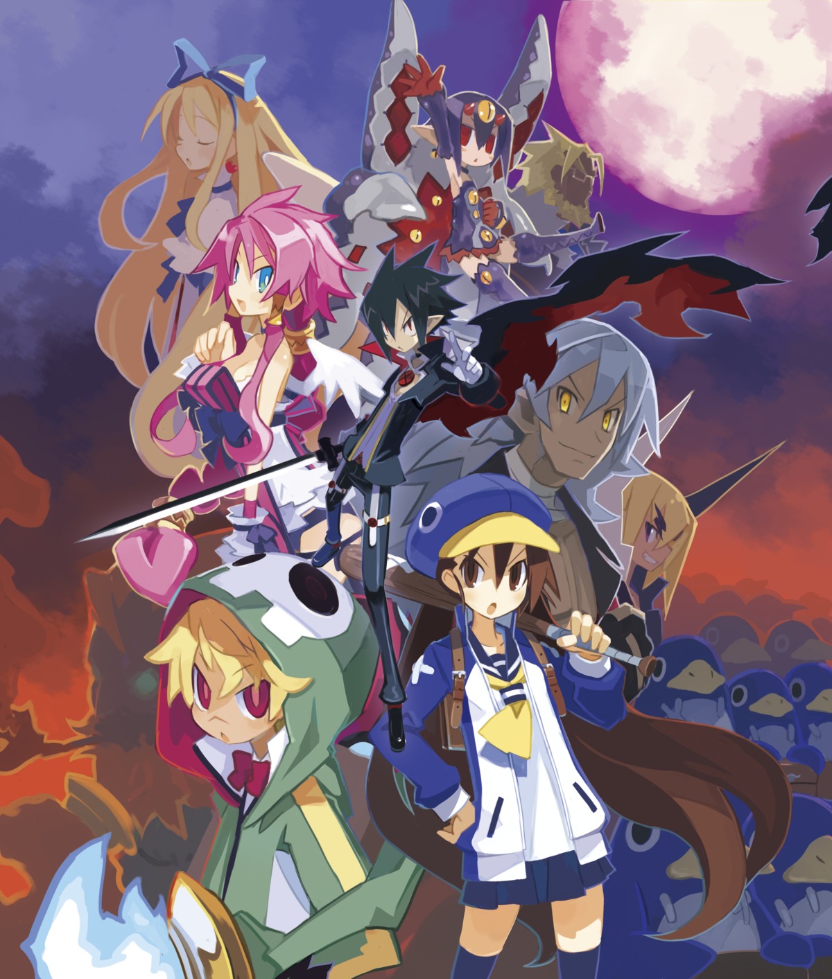 axel_(disgaea) cleavage desco disgaea disgaea_4 dress flonne harada_takehito kazamatsuri_fuuka pointy_ears prinny sword thighhighs vulcanus weapon wings