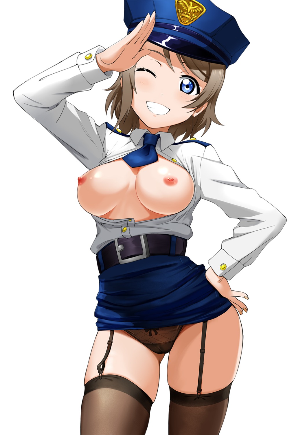 breasts cameltoe love_live!_sunshine!! nahoyoshi nipples no_bra open_shirt pantsu police_uniform skirt_lift stockings thighhighs watanabe_you