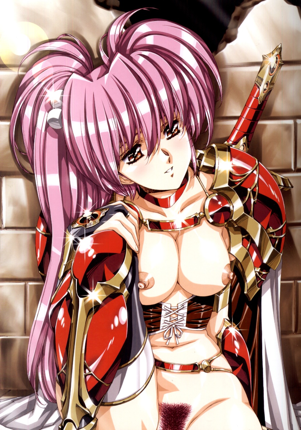 armor bottomless breasts nipples no_bra pubic_hair thighhighs urushihara_satoshi