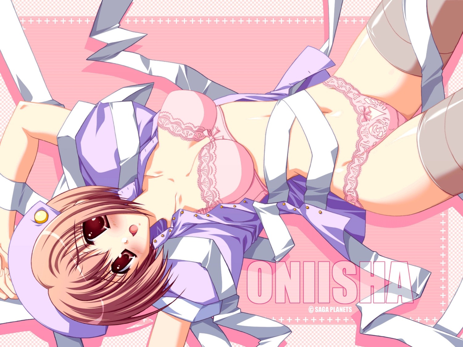 bondage bra nagahama_megumi naked_ribbon nurse oni_isha open_shirt pantsu saga_planets seifuku thighhighs wakamiya_kaho wallpaper