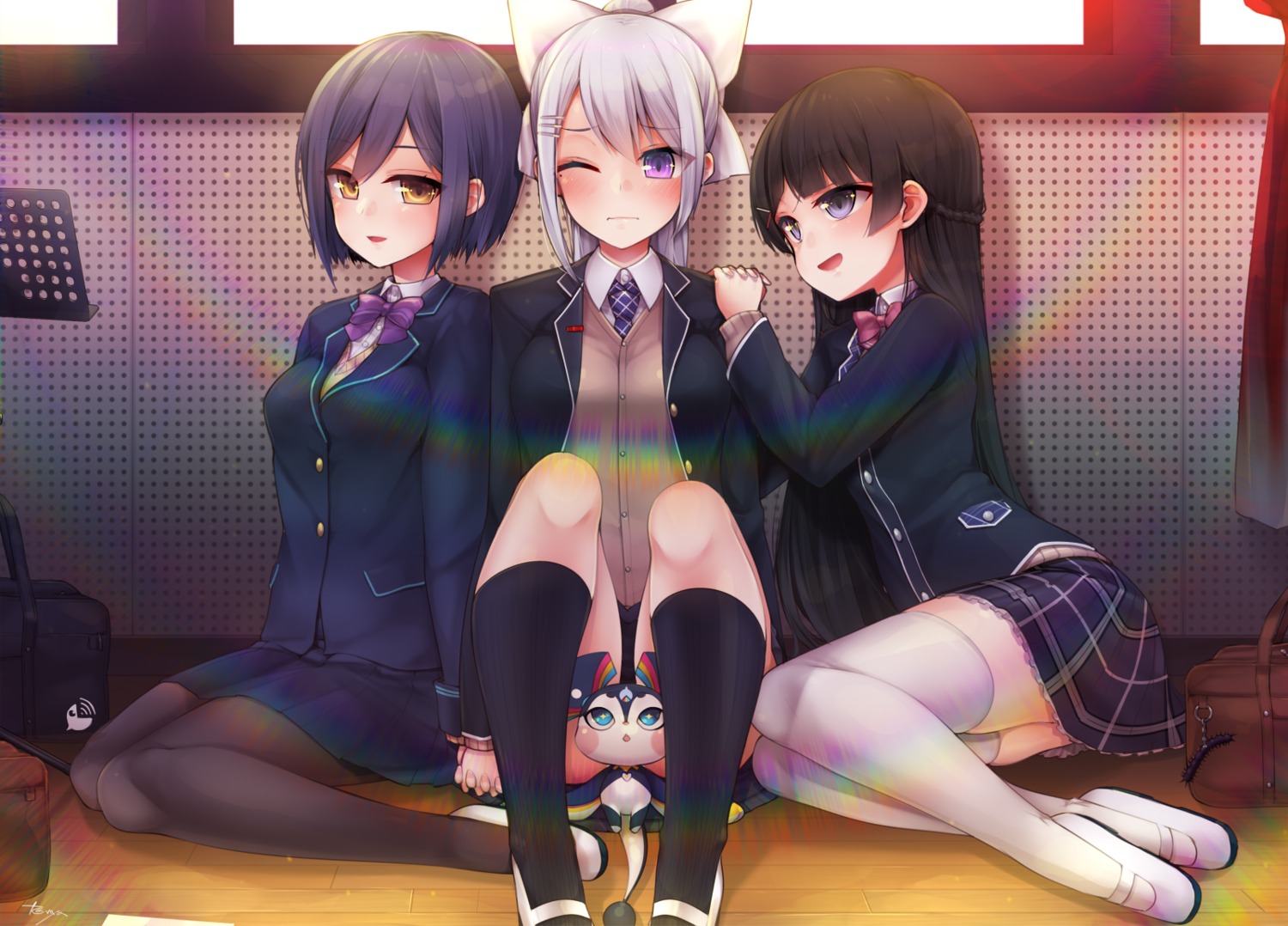 higuchi_kaede nijisanji pantyhose seifuku shizuka_rin sweater tanyatonya thighhighs tsukino_mito