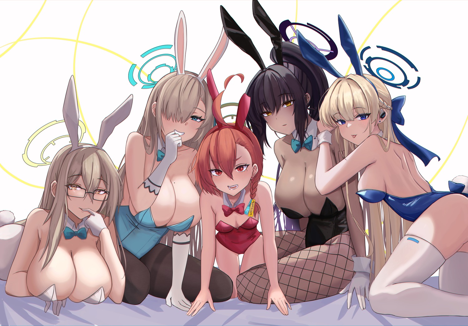 animal_ears asuma_toki blue_archive bunny_ears bunny_girl fishnets halo ichinose_asuna kakudate_karin loli megane michill_1121 mikamo_neru murokasa_akane no_bra pantyhose tail thighhighs