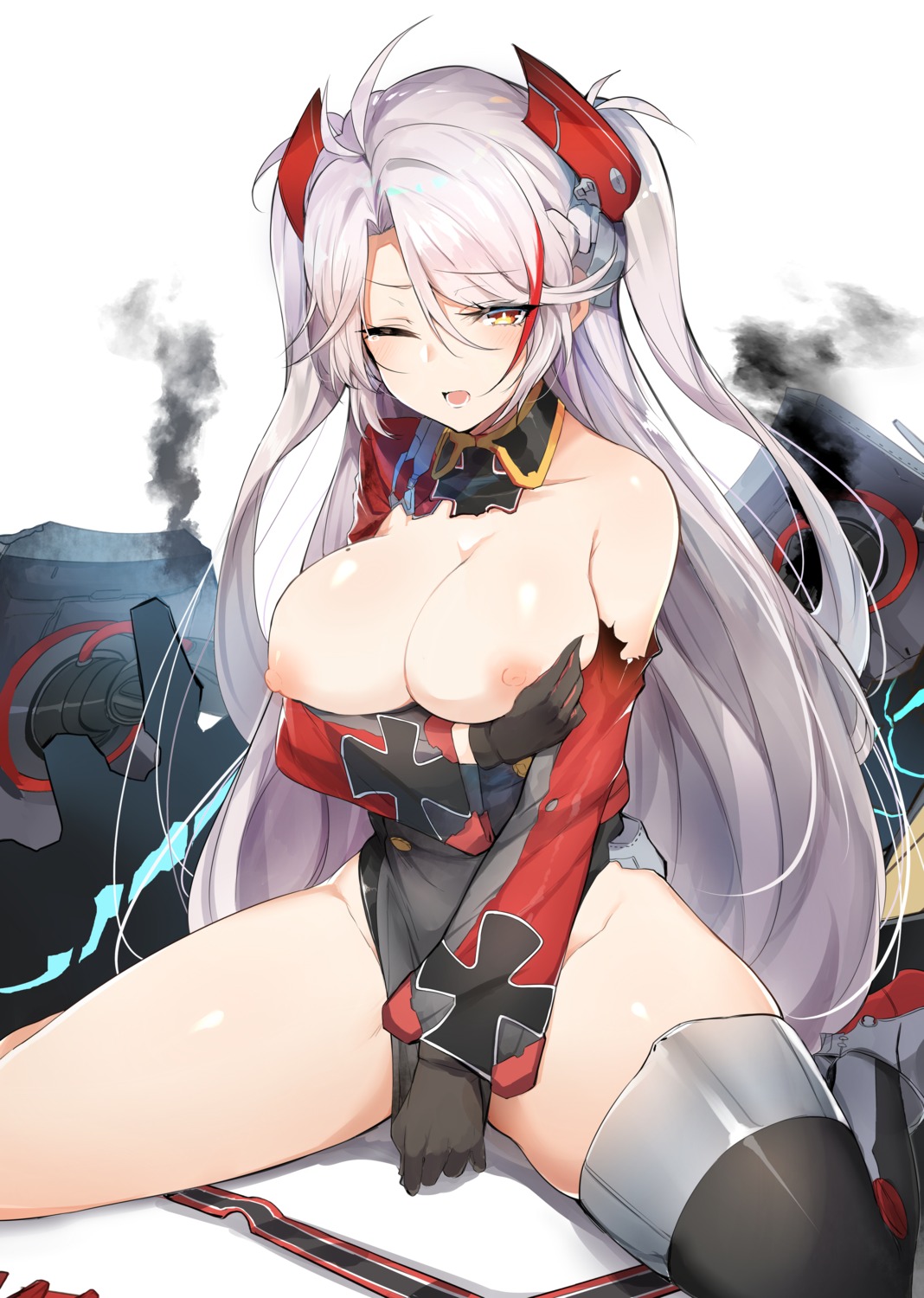 azur_lane breast_hold breasts mengda nipples no_bra nopan prinz_eugen_(azur_lane) thighhighs torn_clothes uniform