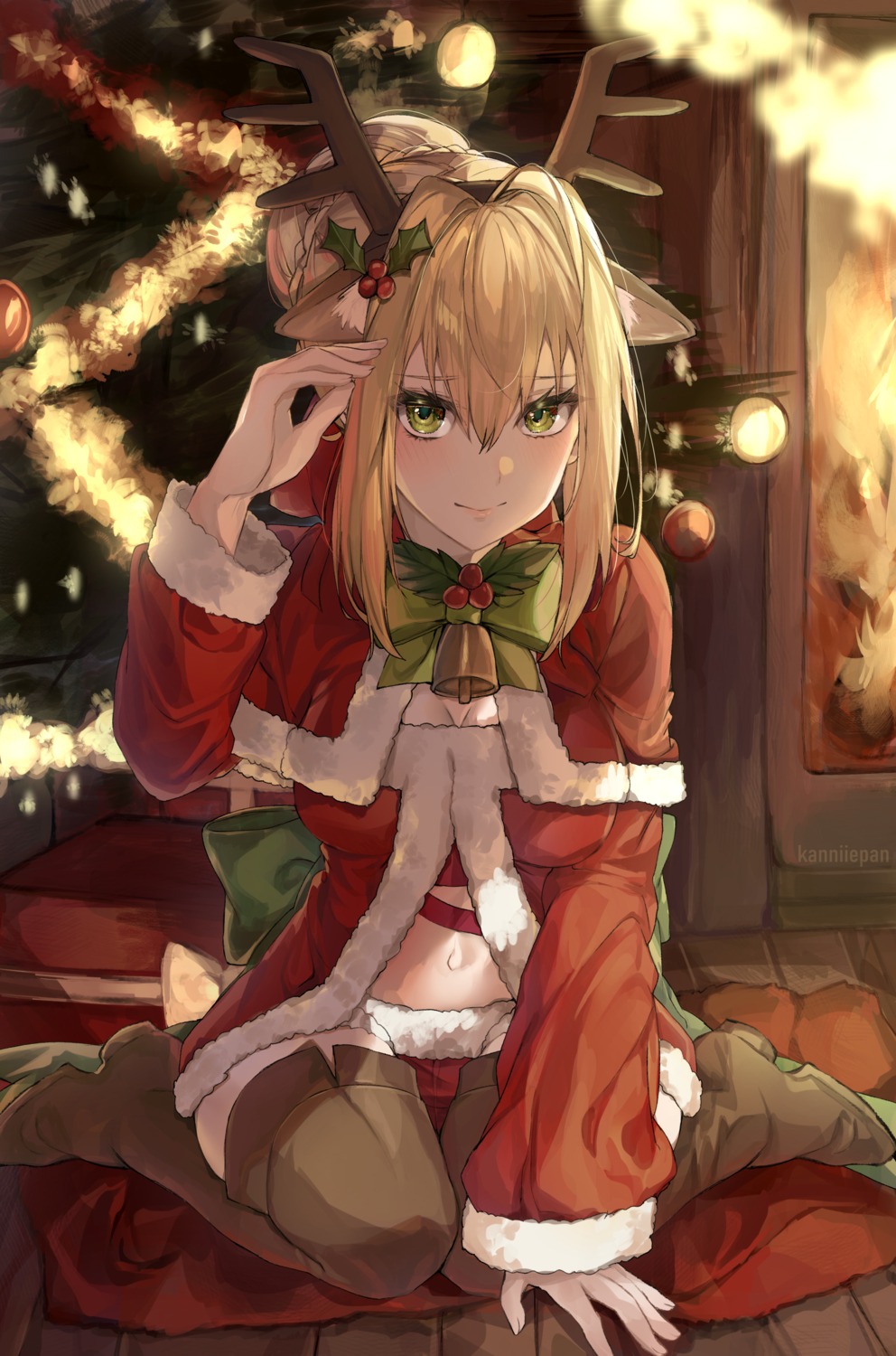 animal_ears christmas cleavage fate/grand_order horns kanniiepan saber_extra thighhighs