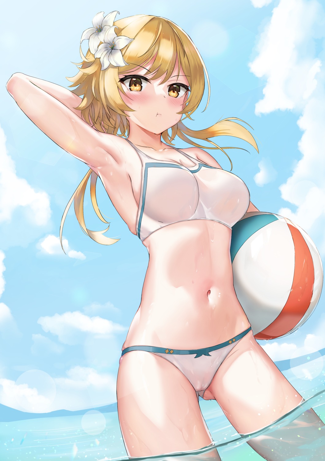 bikini cameltoe genshin_impact lumine see_through skai_kun swimsuits wet wet_clothes