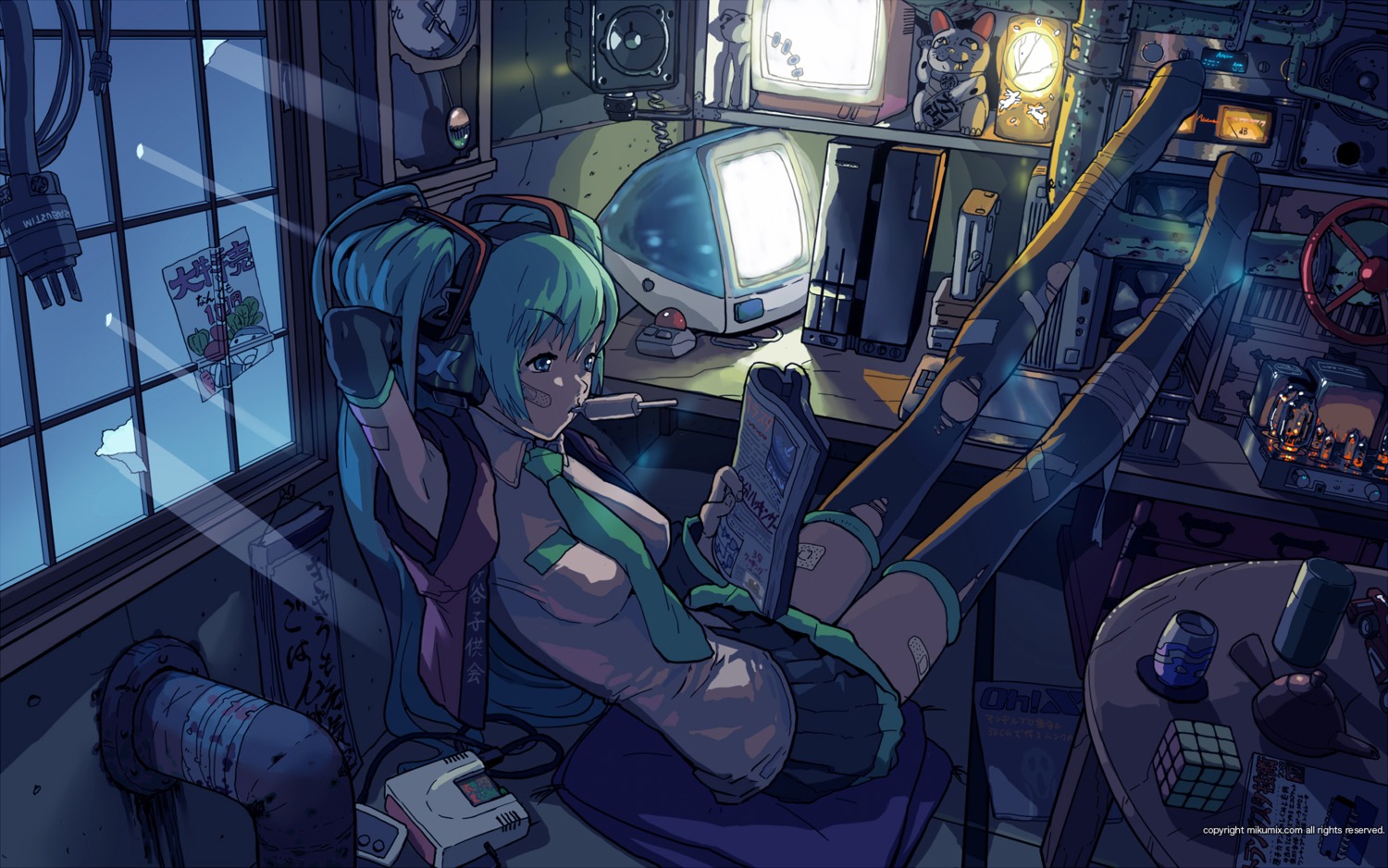 hatsune_miku headphones landscape thighhighs torn_clothes vocaloid wallpaper yasumori_zen