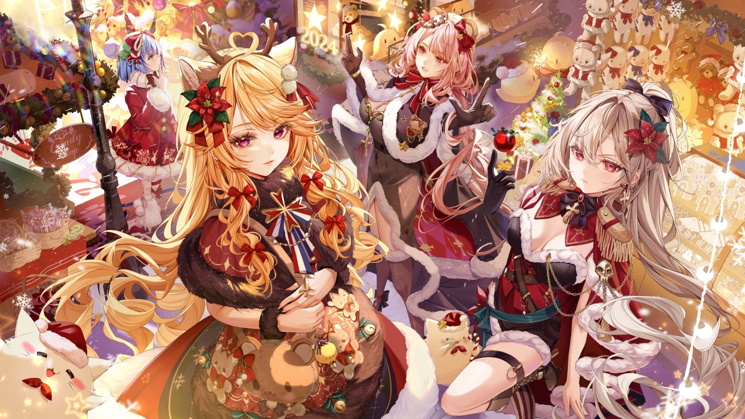 animal_ears azur_lane christmas clemenceau_(azur_lane) detexted dress garter gascogne_(azur_lane) horns isari_sensei jean_bart_(azur_lane) manjuu_(azur_lane) meowfficer_(azur_lane) no_bra richelieu_(azur_lane) thighhighs uniform