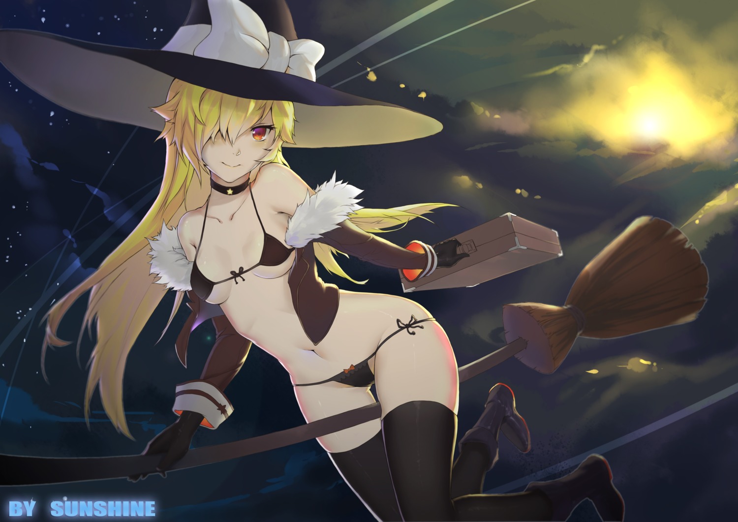 bikini kirisame_marisa official_watermark sunshine swimsuits thighhighs touhou underboob witch