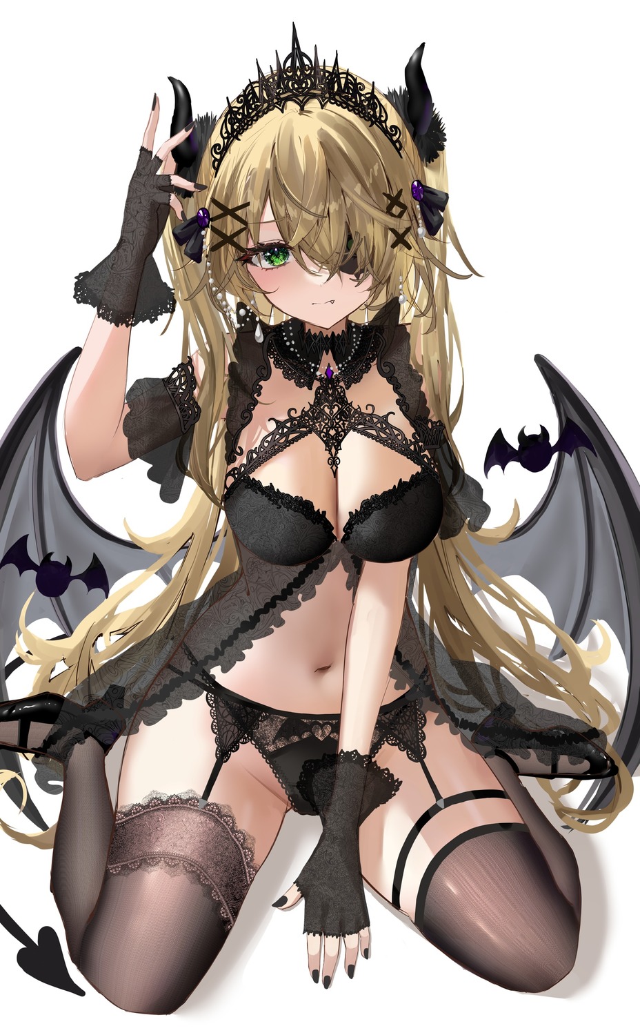 devil eyepatch fischl garter garter_belt genshin_impact heels horns lingerie no_bra pantsu raiya_atelier see_through stockings tail thighhighs wings