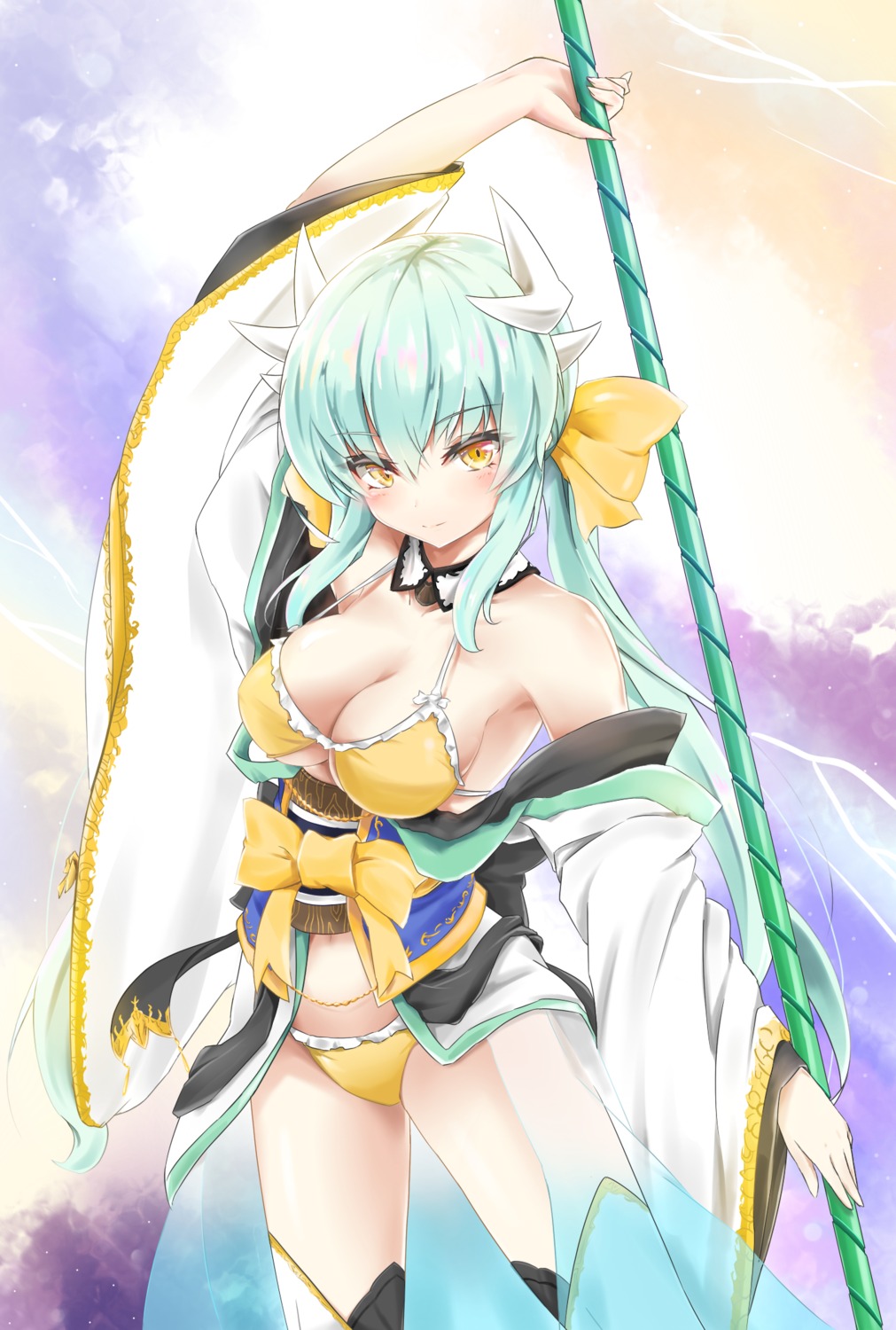 bikini cleavage fate/grand_order horns kimono kiyohime_(fate/grand_order) niie open_shirt swimsuits thighhighs weapon