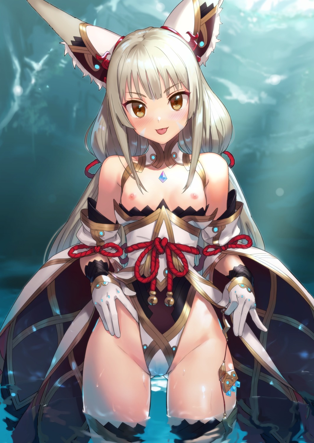 animal_ears cameltoe japanese_clothes kawakami_rokkaku leotard nipples niyah niyah_(blade) no_bra thighhighs wet xenoblade xenoblade_chronicles_2