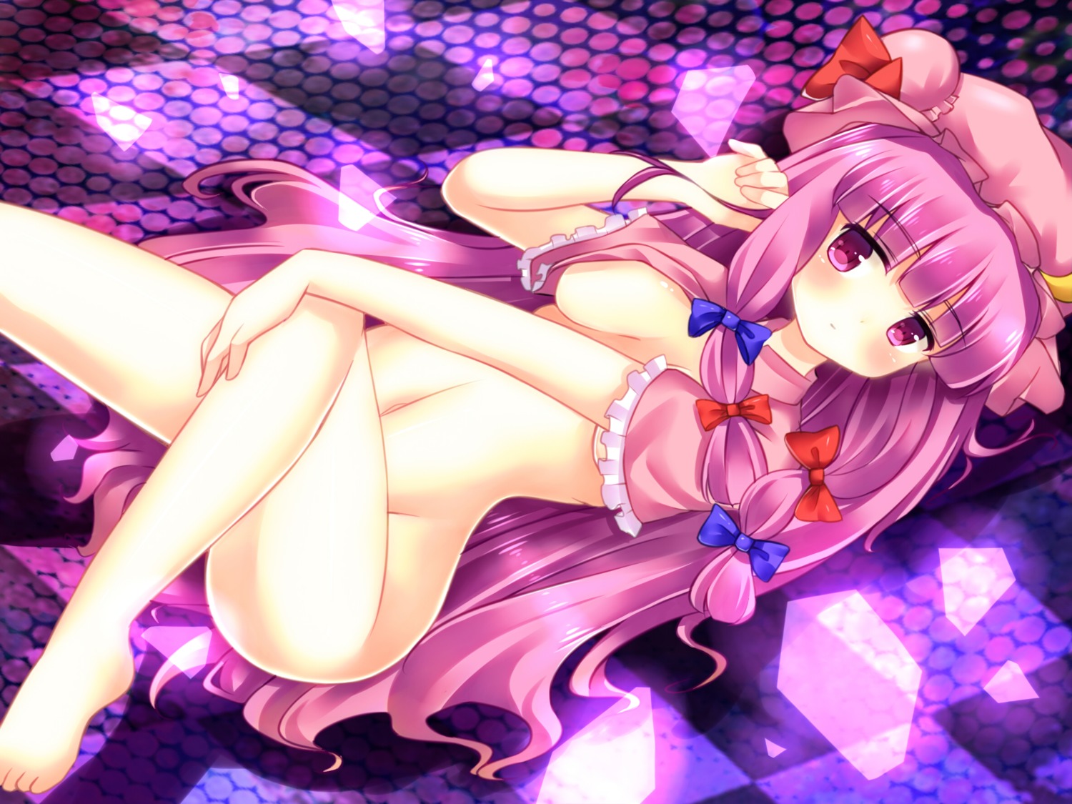 bekotarou bottomless no_bra open_shirt patchouli_knowledge shirt_lift touhou