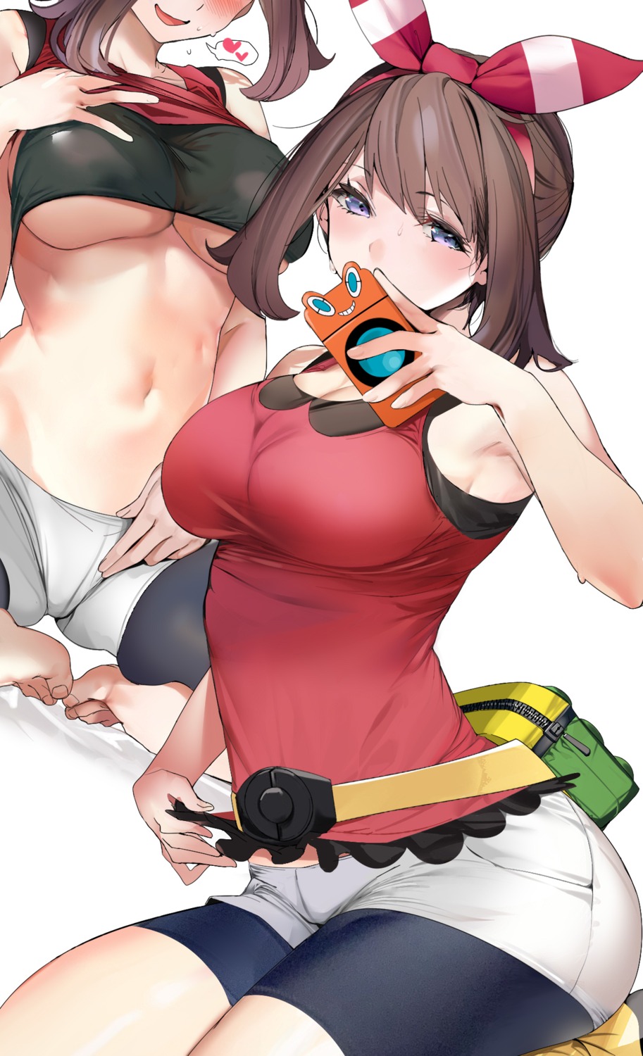 bike_shorts haruka_(pokemon) marushin no_bra pokemon pokemon_oras pokemon_rse underboob