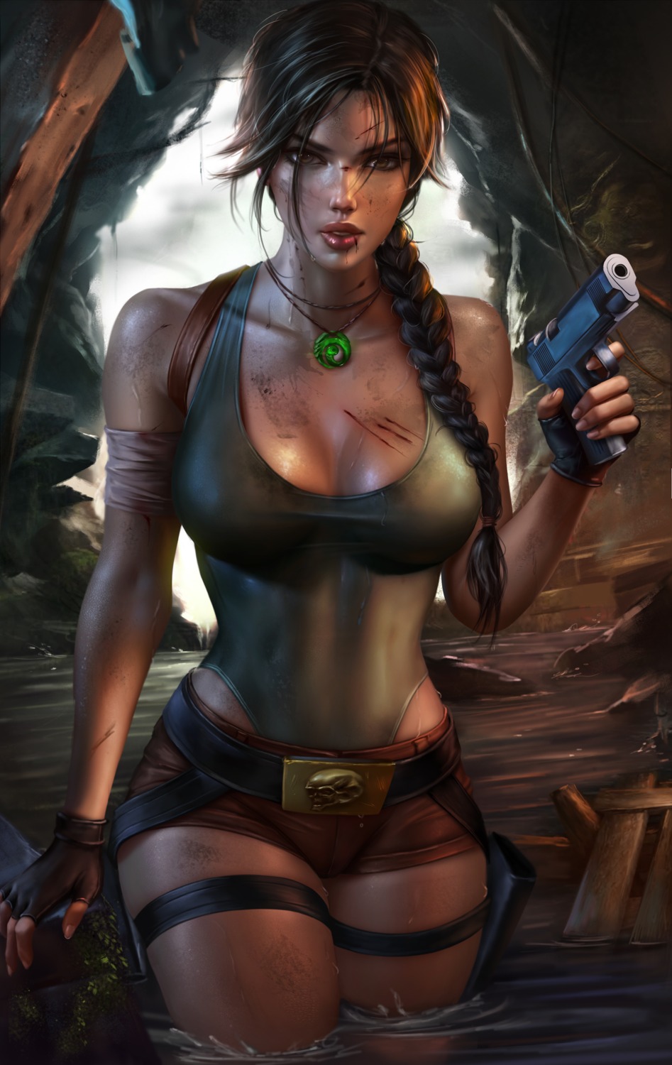 blood cleavage garter gun lara_croft leotard logan_cure no_bra tomb_raider wet