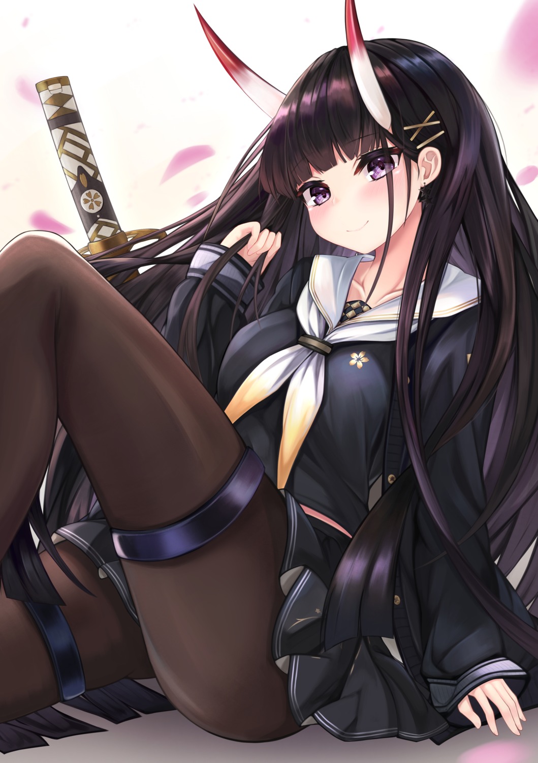 azur_lane garter horns noshiro_(azur_lane) pantyhose ryara_vivi seifuku skirt_lift sword