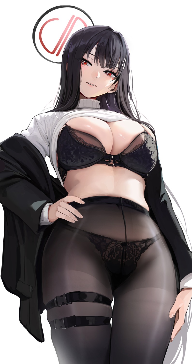 blue_archive bra chela77 garter halo pantsu pantyhose shirt_lift sweater tsukatsuki_rio