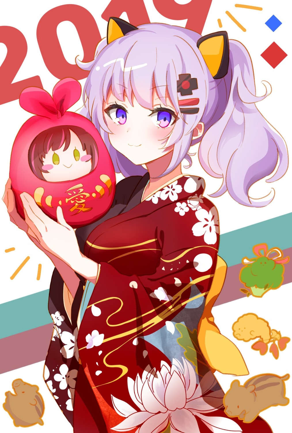 a.i._channel animal_ears beako_ricecake2525 chibi crossover kaguya_luna kimono kizuna_ai nekomimi the_moon_studio