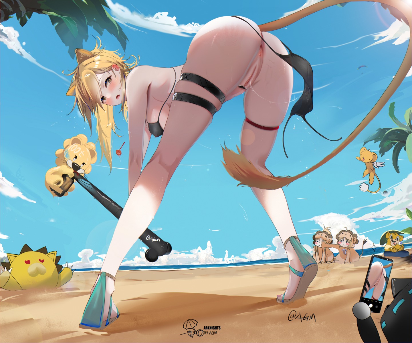 animal_ears anus arknights ass bikini bottomless erect_nipples garter omone_hokoma_agm panty_pull pussy pussy_juice siege_(arknights) swimsuits tail wardrobe_malfunction weapon