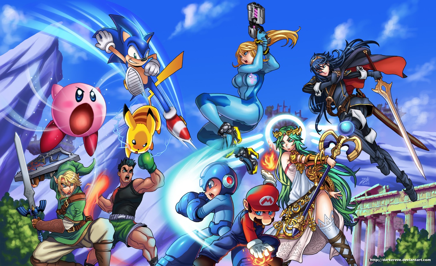 armor bodysuit crossover darkereve dress fire_emblem gun heels kid_icarus kirby kirby_(character) link little_mac lucina_(fire_emblem) mario mario_bros. metroid palutena pikachu pointy_ears pokemon punch-out!! rockman rockman_(character) samus_aran sonic sonic_(character) super_smash_bros. sword the_legend_of_zelda thighhighs weapon