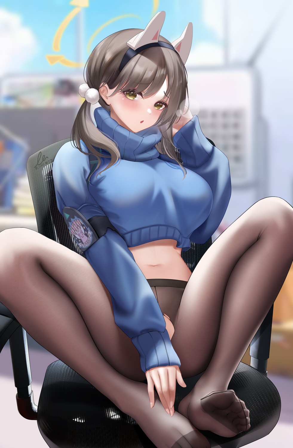 animal_ears blue_archive bunny_ears feet halo kazekura_moe liu_liaoliao nopan pantyhose sweater torn_clothes