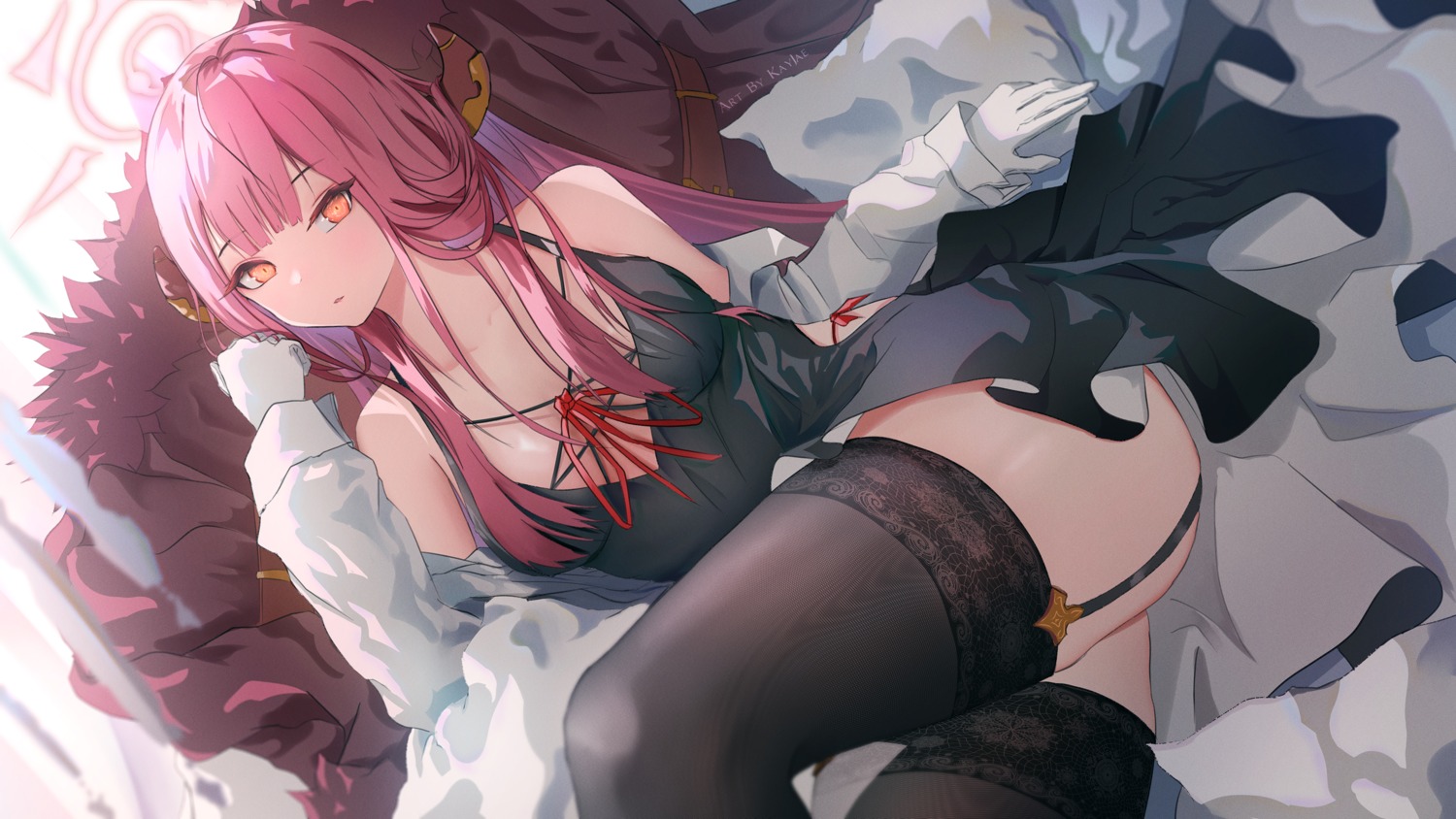 blue_archive halo horns kayjae no_bra rikuhachima_aru skirt_lift stockings thighhighs wallpaper