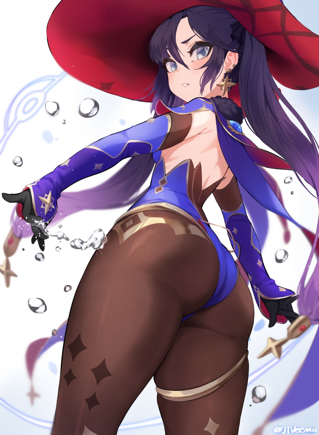 ass garter genshin_impact jtveemo leotard mona_megistus no_bra pantyhose witch