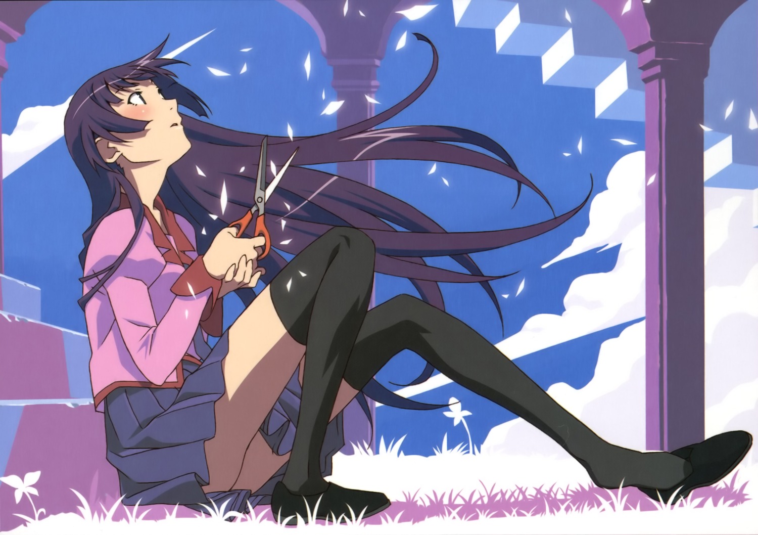 bakemonogatari monogatari_(series) seifuku senjougahara_hitagi thighhighs