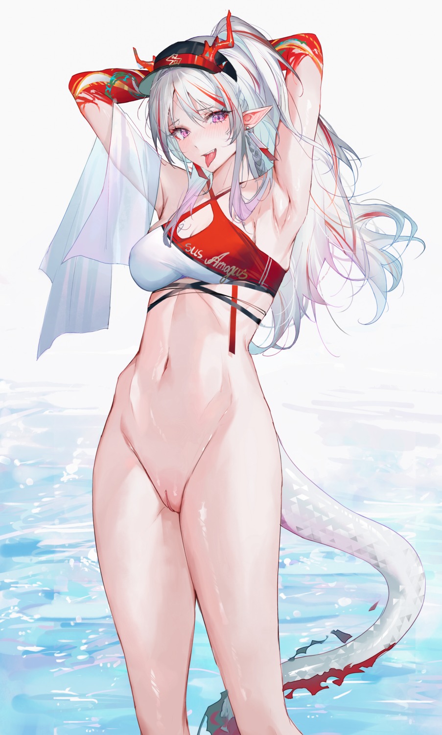 arknights bikini_top bottomless garter horns nian_(arknights) photoshop pointy_ears pussy qiandaiyiyu swimsuits tail uncensored