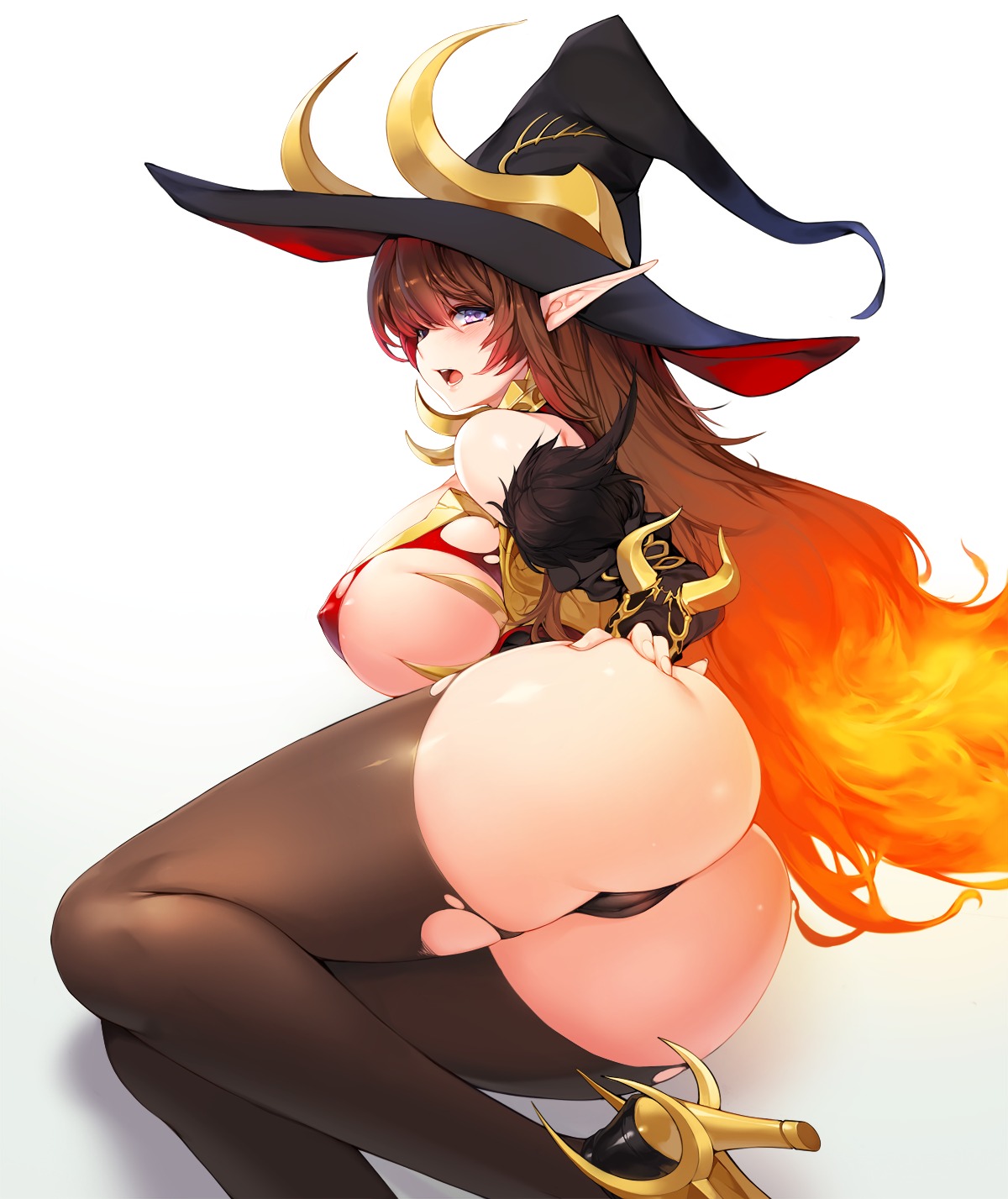 areola ass cameltoe dungeon_fighter erect_nipples heels no_bra pantsu pointy_ears snowball thighhighs thong torn_clothes witch