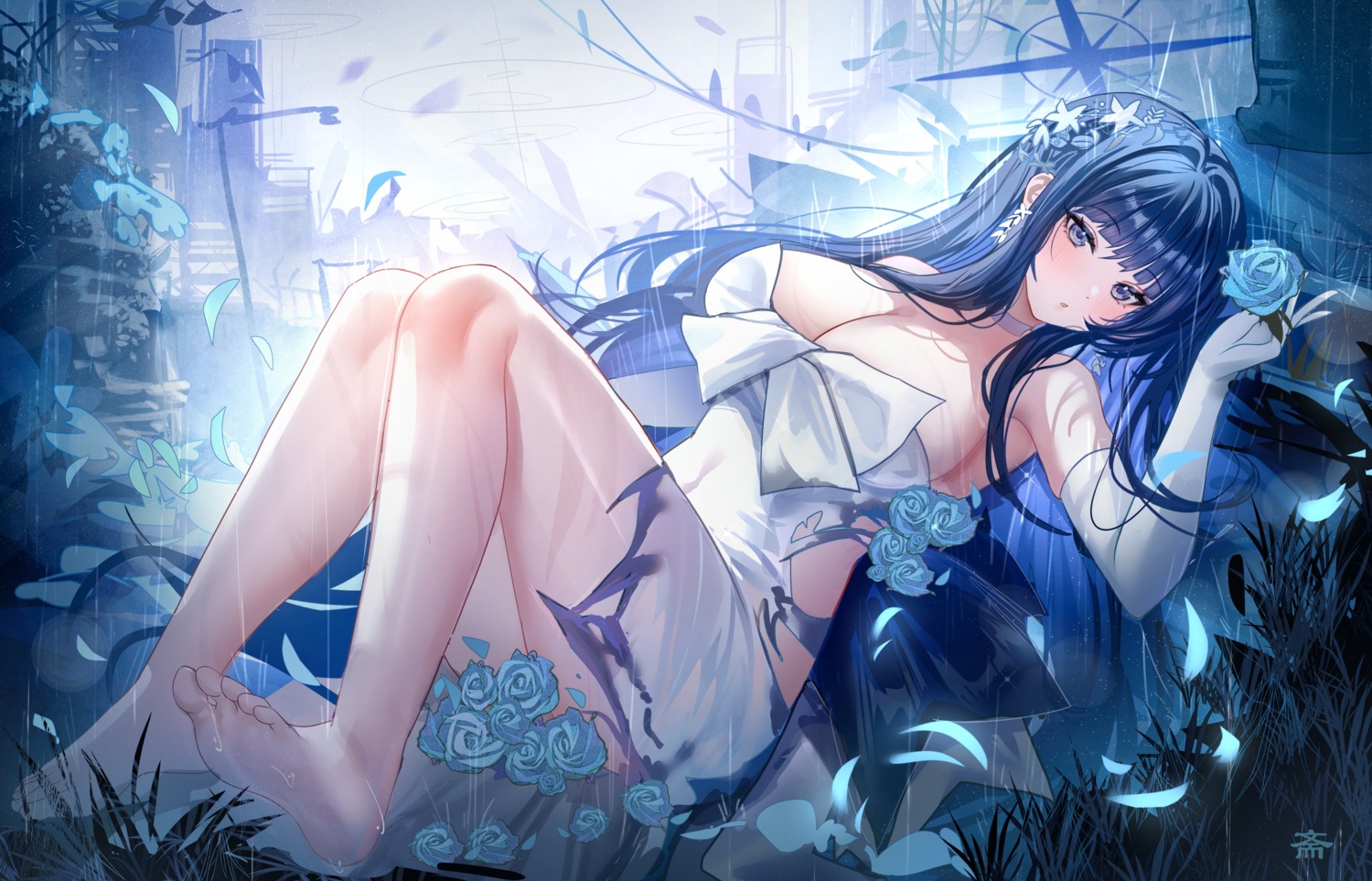 blue_archive dress feet halo joumae_saori no_bra skirt_lift tansuan_(ensj3875) torn_clothes wet