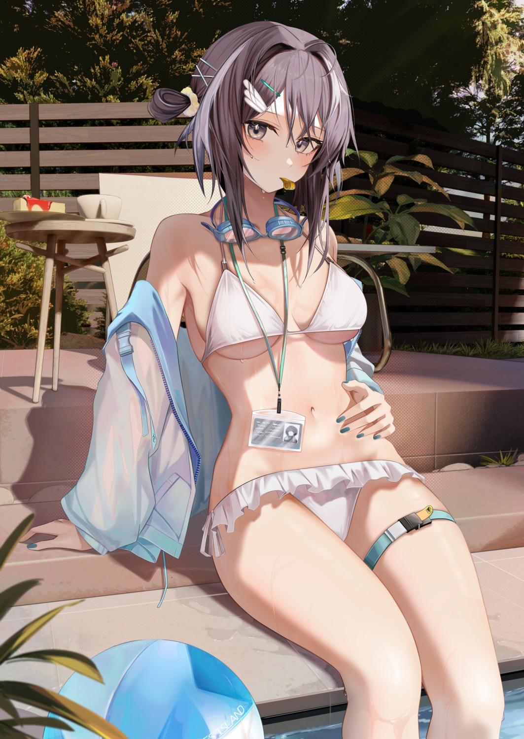 arknights bikini garter la_pluma_(arknights) open_shirt ru_zhai see_through swimsuits wet wet_clothes