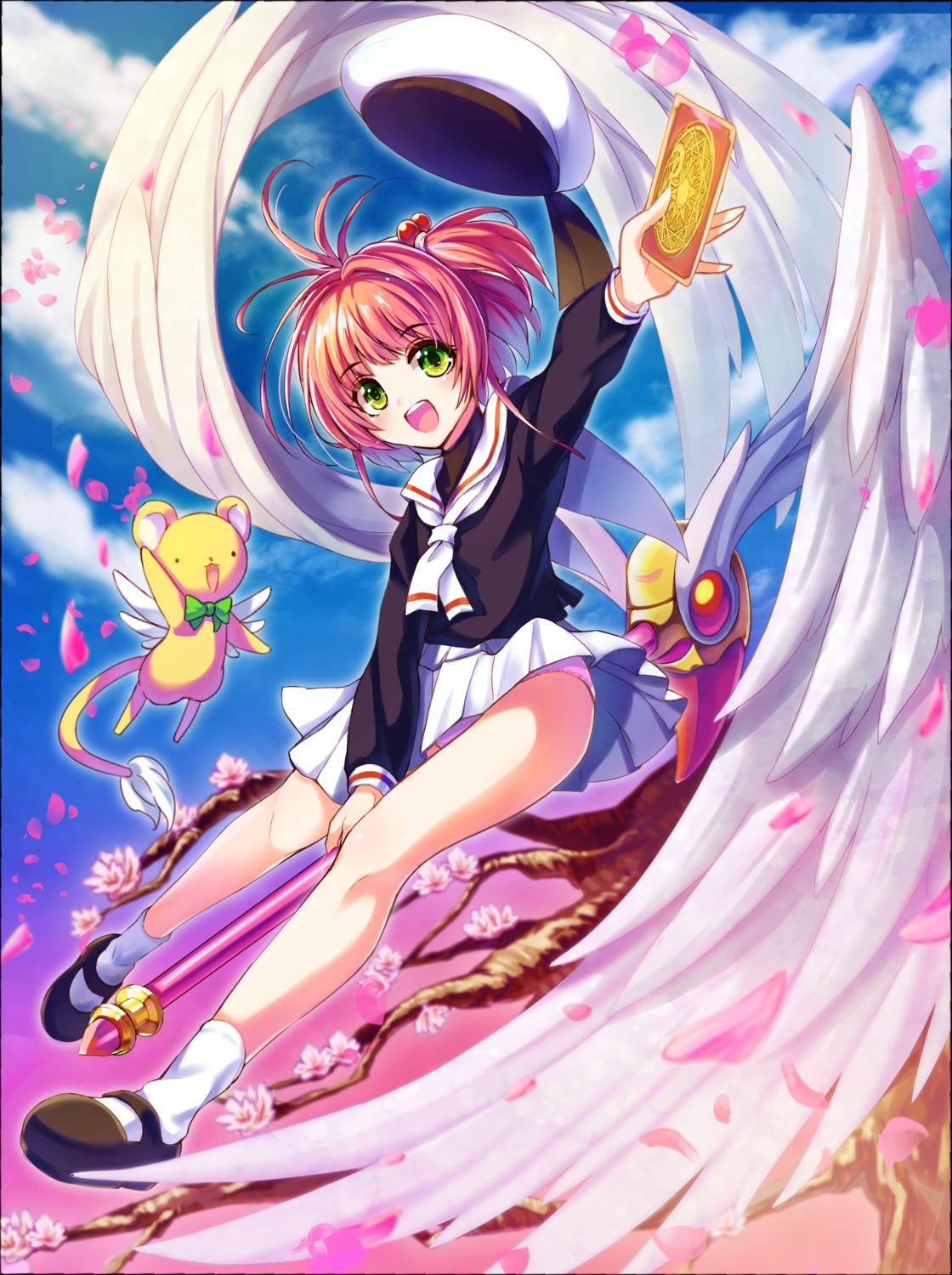 card_captor_sakura kerberos kinomoto_sakura mo-re: pantsu seifuku skirt_lift wings