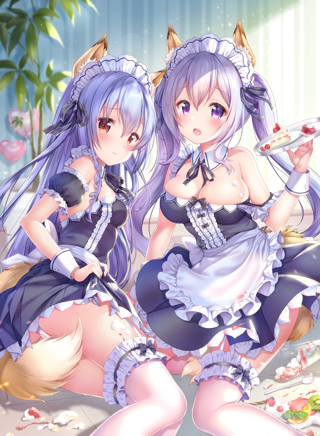 animal_ears aoba_chise aoba_project aoba_rena cameltoe cleavage cream maid no_bra sakura_moyon skirt_lift stockings tail thighhighs wardrobe_malfunction