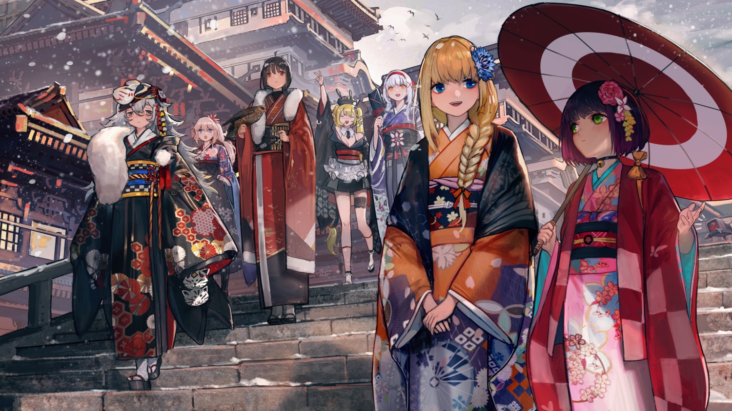 bra cleavage garter girls_frontline japanese_clothes jun_(5455454541) kimono open_shirt umbrella wallpaper