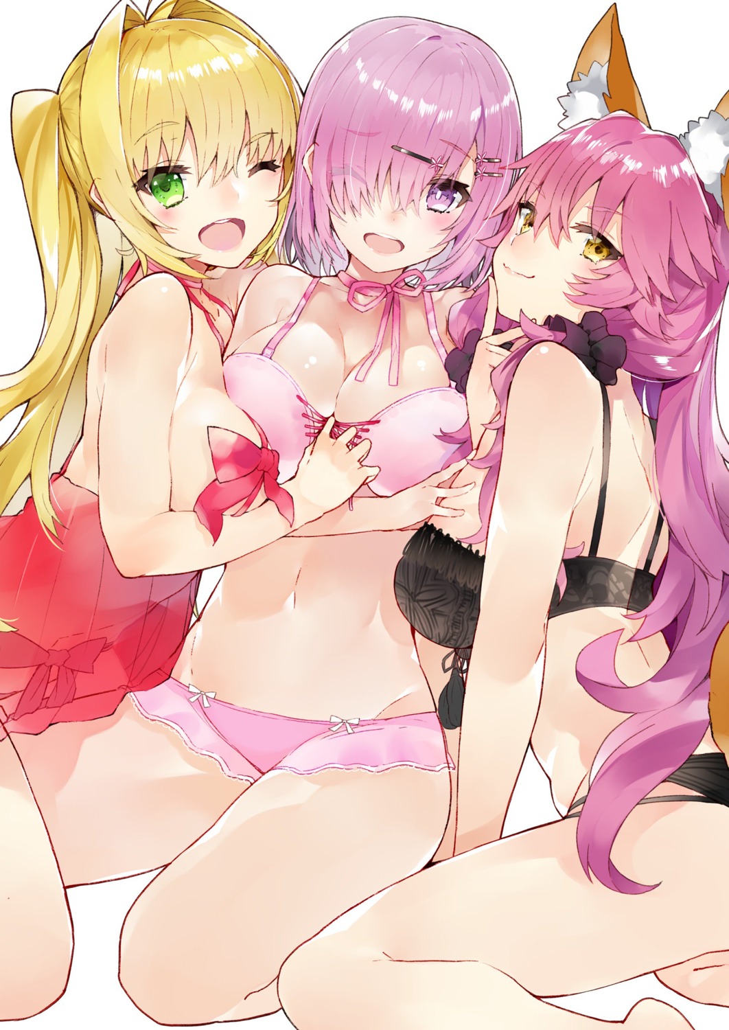 animal_ears bikini breast_hold cleavage fate/grand_order kou_mashiro mash_kyrielight saber_extra see_through swimsuits tamamo_no_mae