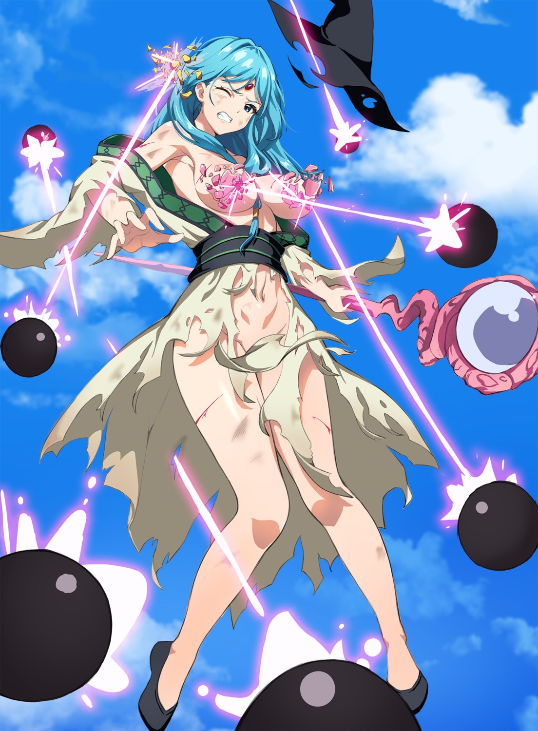 blood breasts dress magi_the_labyrinth_of_magic no_bra nopan open_shirt torn_clothes wangjook_(wj) wardrobe_malfunction weapon yamuraiha