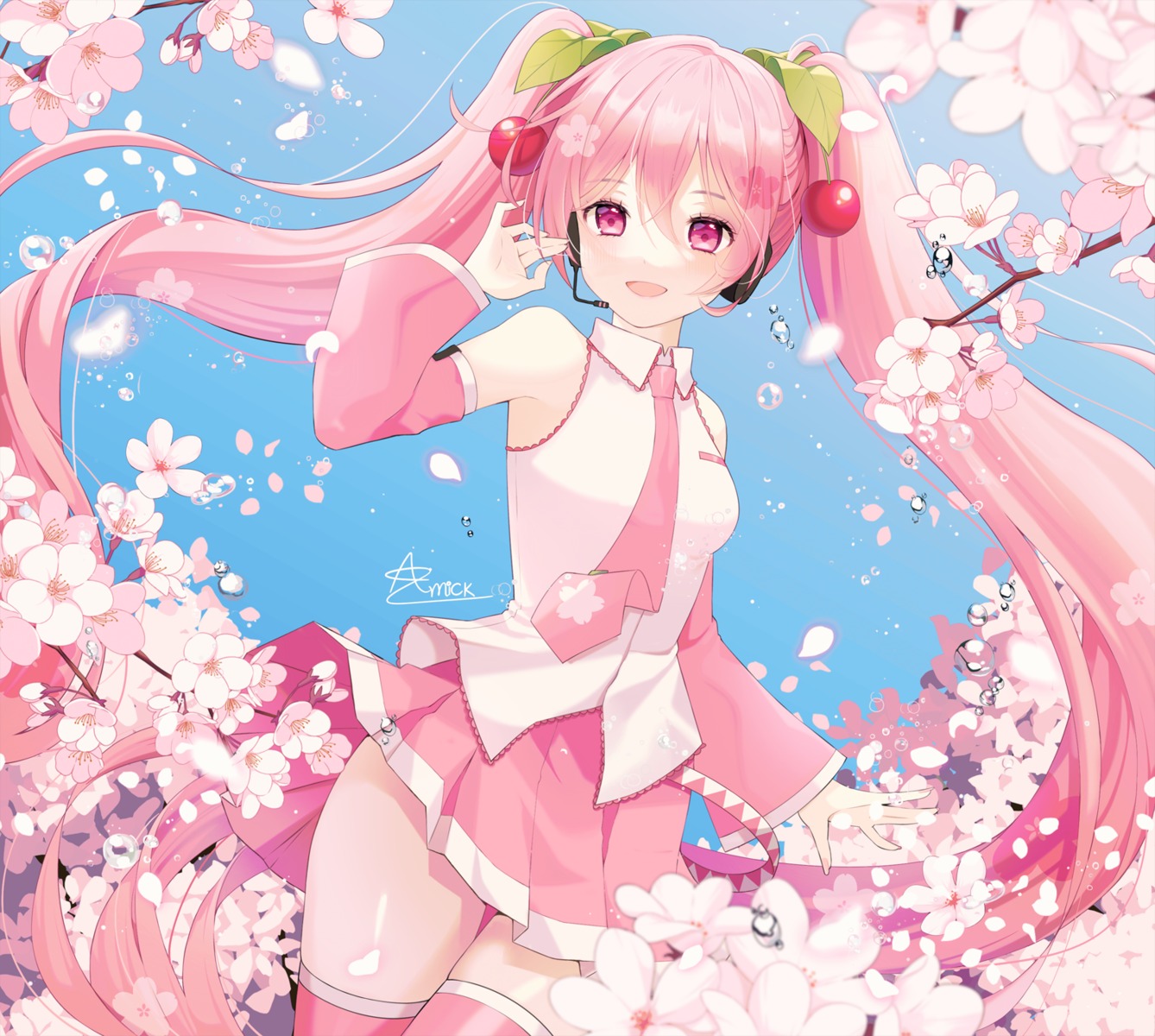 amick_(americanomix) hatsune_miku headphones sakura_miku skirt_lift thighhighs vocaloid