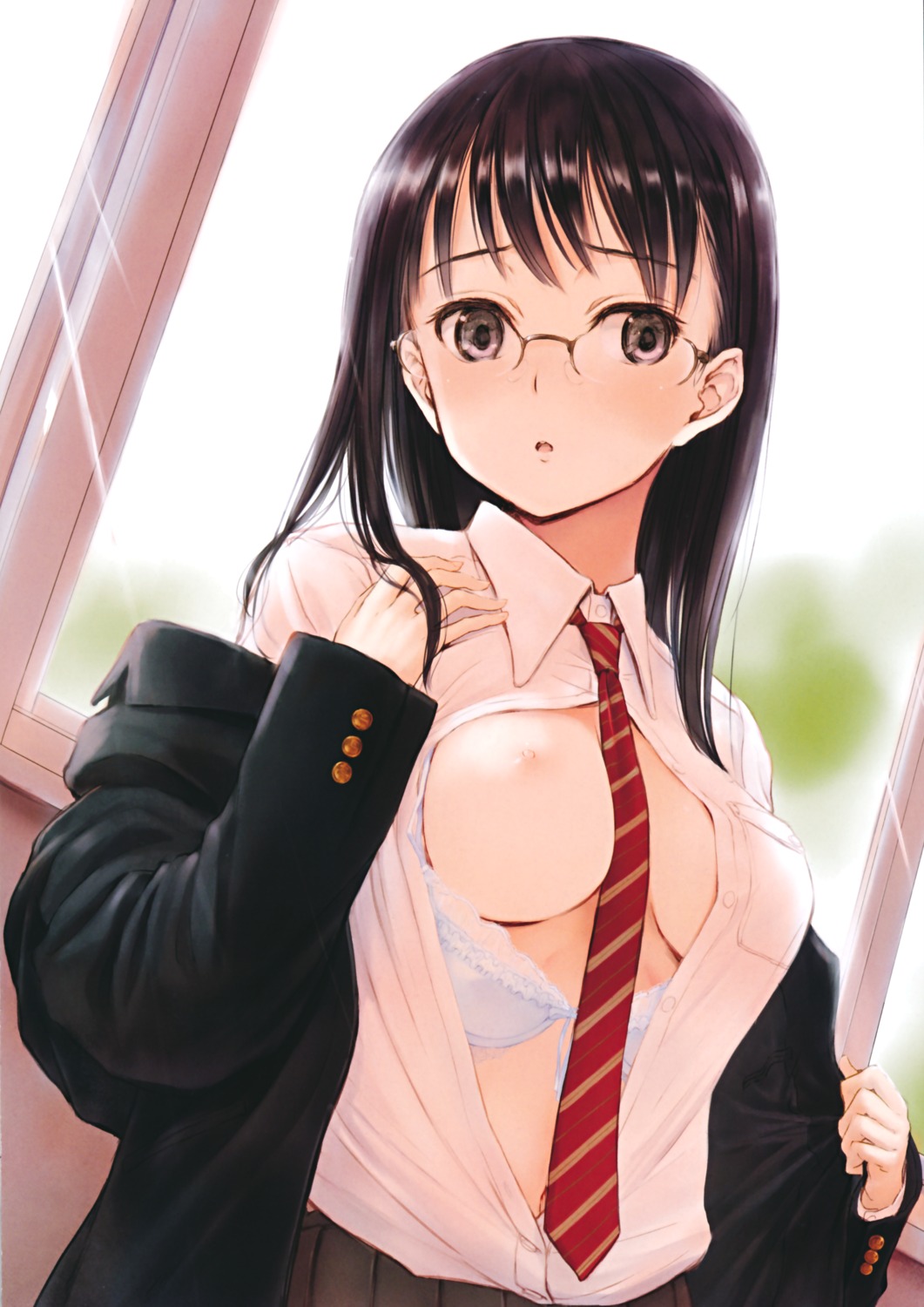 bra breasts fujita_hidetoshi megane nipples open_shirt seifuku undressing yume_no_kakera