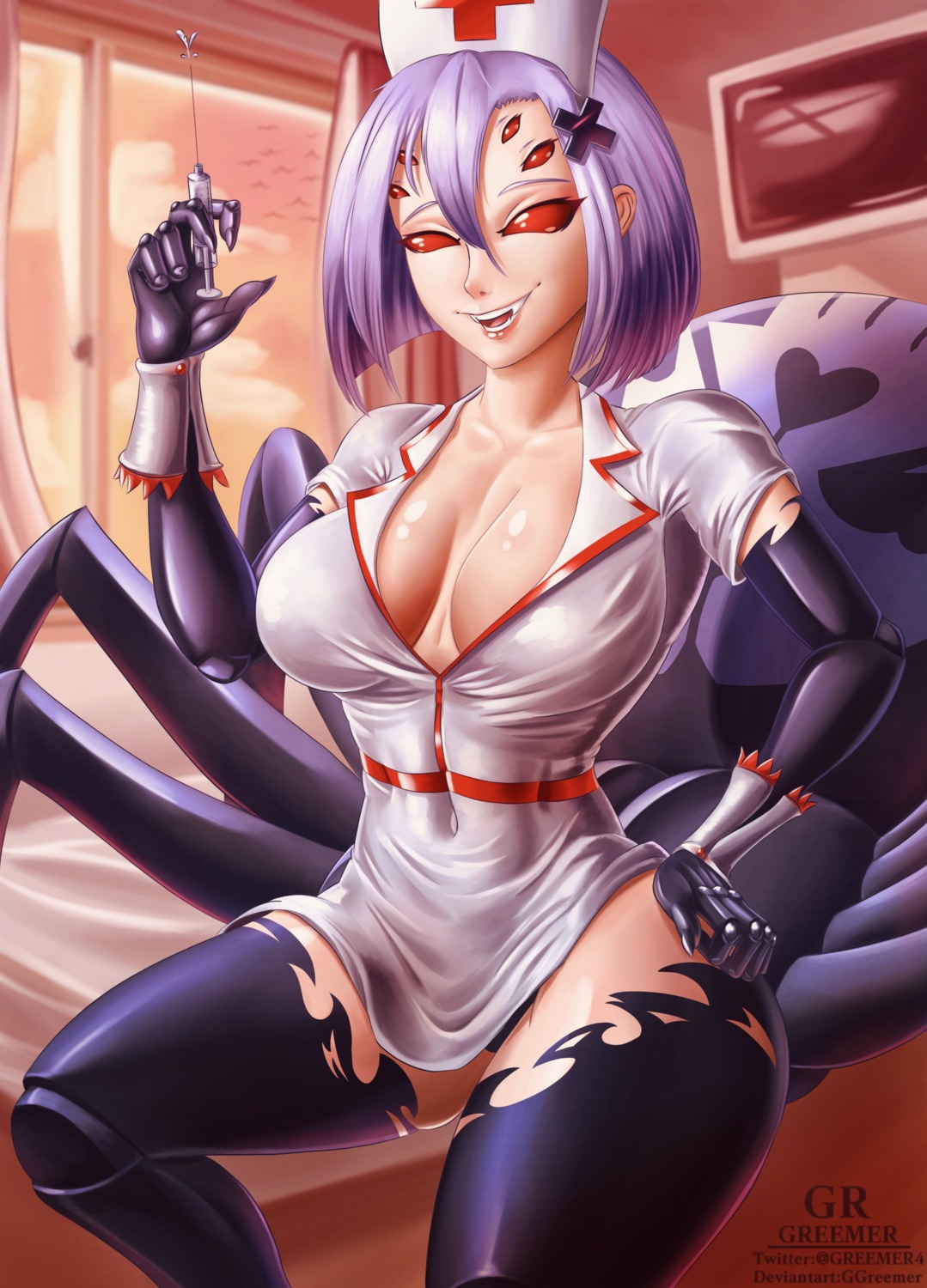 ggreemer monster_girl monster_musume_no_iru_nichijou no_bra nurse open_shirt pantsu rachnera_arachnera skirt_lift